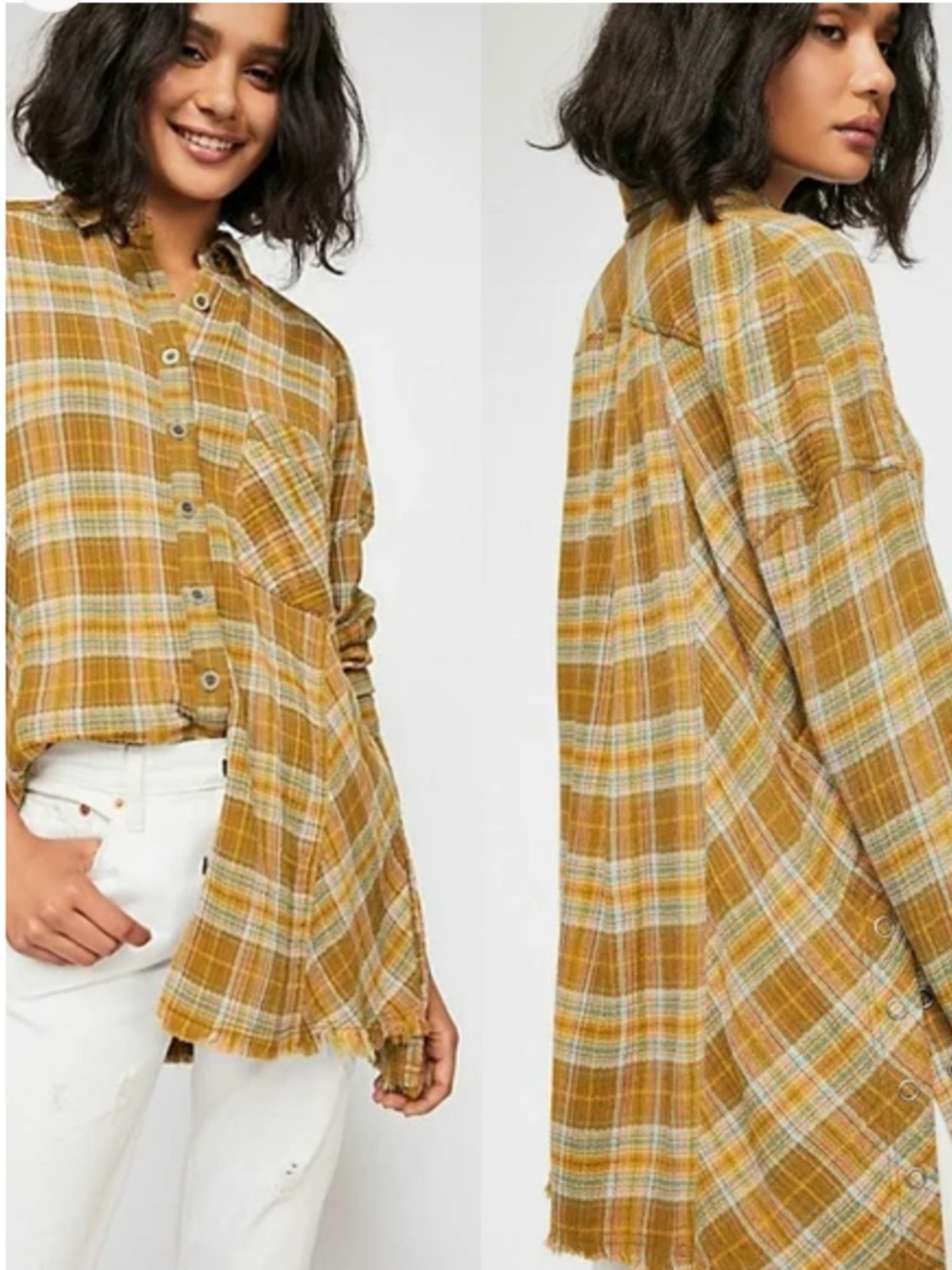 Free People Juniper Ridge Olive Green Oversized Loose Fit Plaid Buttondown Shirt